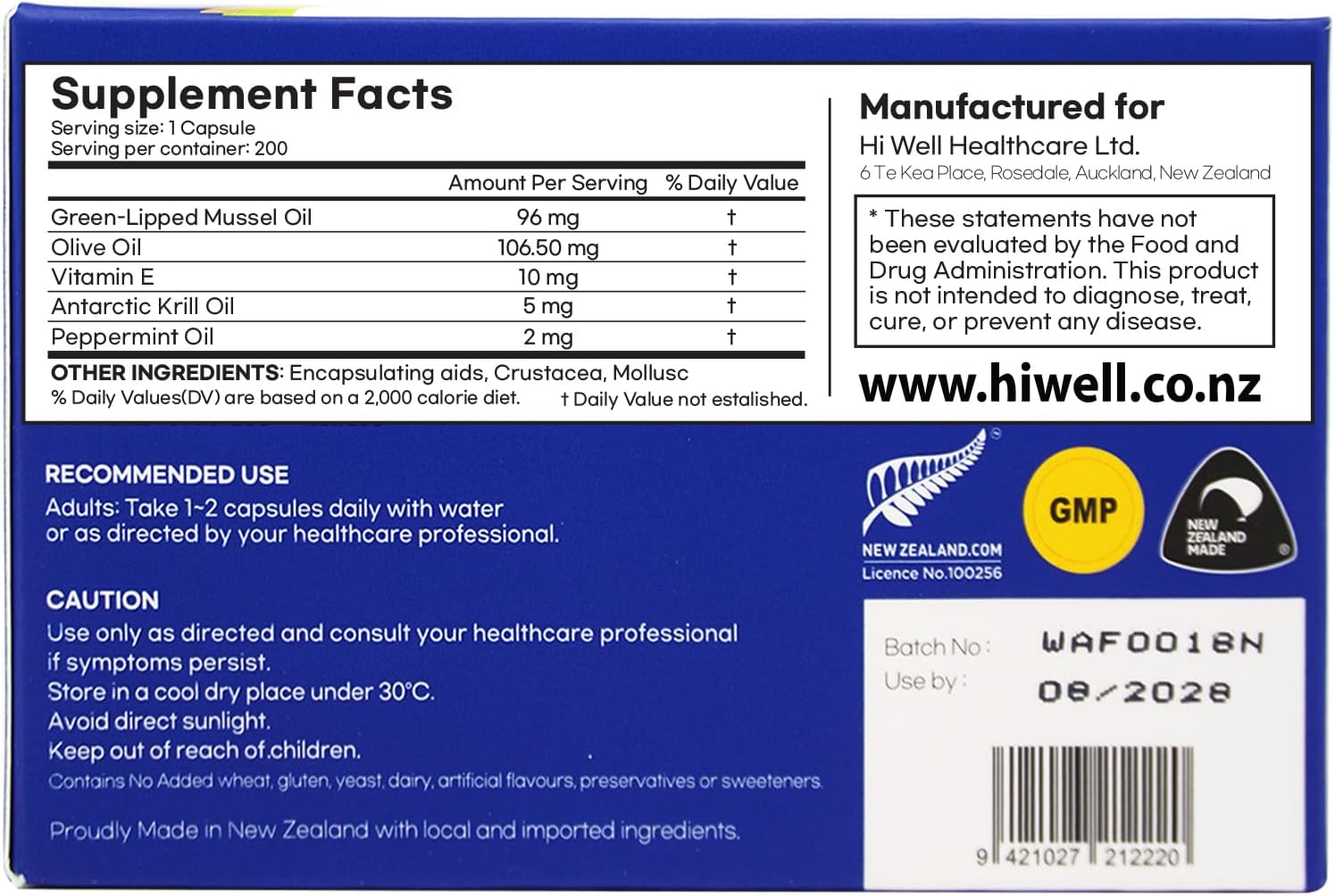 Hi Well Premium New Zealand Green-Lipped Mussel Oil - 200 Softgel Capsules