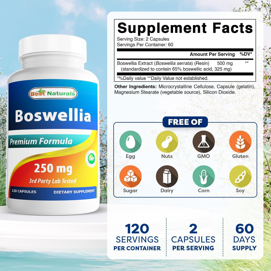 Best Naturals Boswellia Serrata 250 mg - 120 Capsules - Standardized to 65% Boswellic Acid