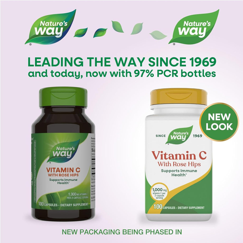 Nature's Way Vitamina C-500 con Rosa Mosqueta, 1000 mg por dosis, 100 Cápsulas