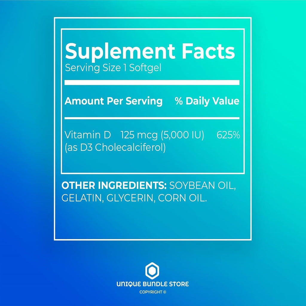 Extra Strength Vitamina D3 5000 IU 125 mcg – 250 Softgels (Pack de 3)