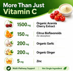 Vitamina C Natural de Acerola Orgánica - Alta Absorción - con Ajo, Jengibre y Bioflavonoides Cítricos - Apoyo al Sistema Inmunitario y Colágeno - Vitaminas para la Piel Antienvejecimiento
