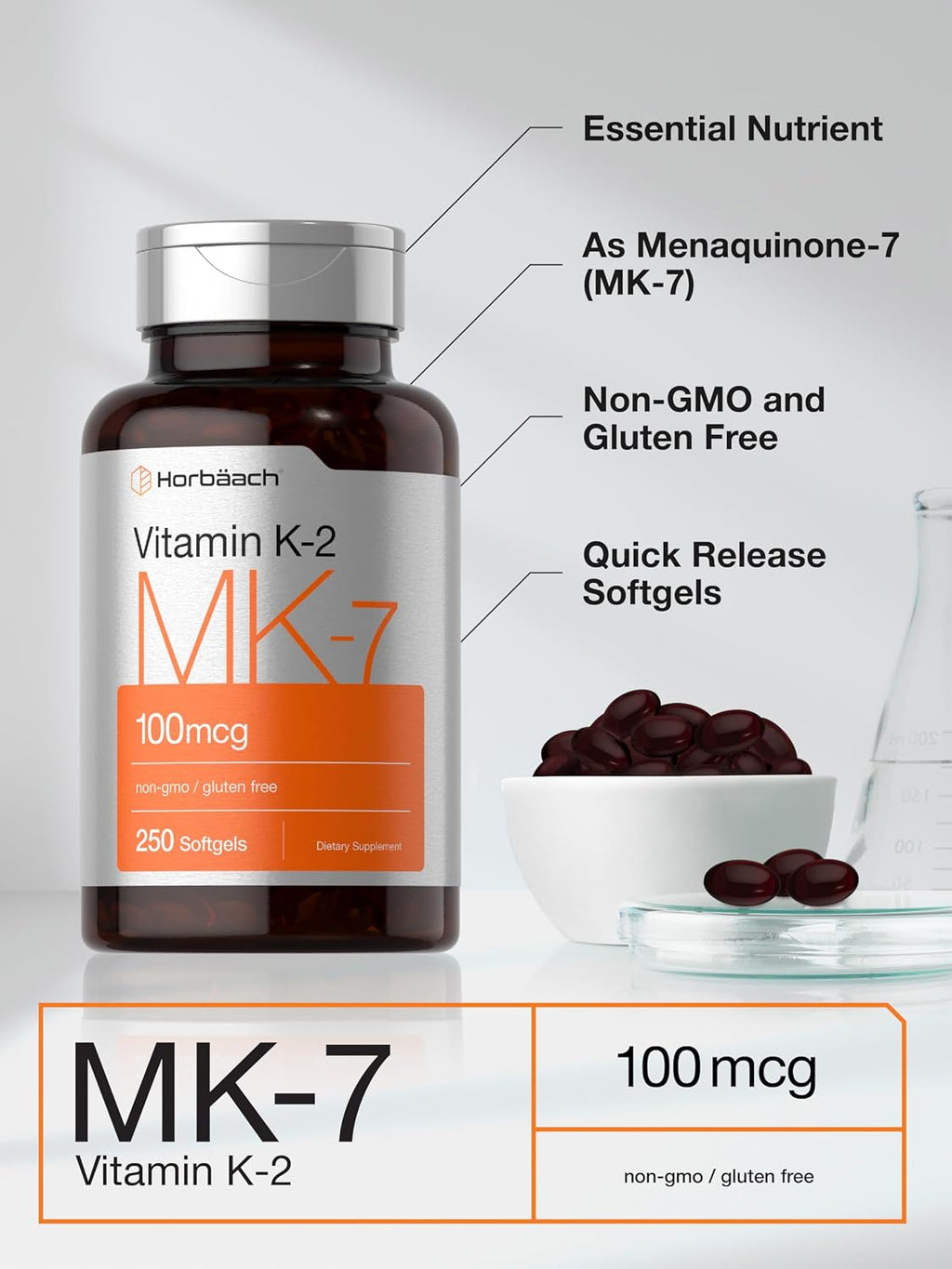 Horbäach Vitamina K2 MK7 100 mcg | 250 Cápsulas Blandas | Suplemento No-GMO Sin Gluten