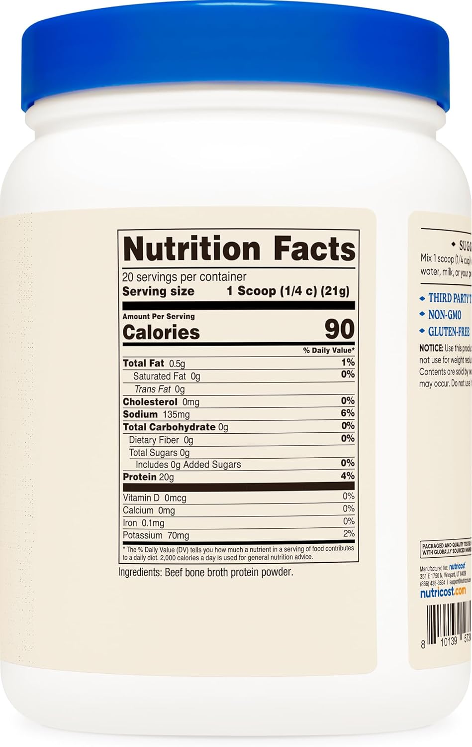 Nutricost Beef Bone Broth Protein Powder Unflavored (20 Servings) - Gluten-Free, GMO-Free