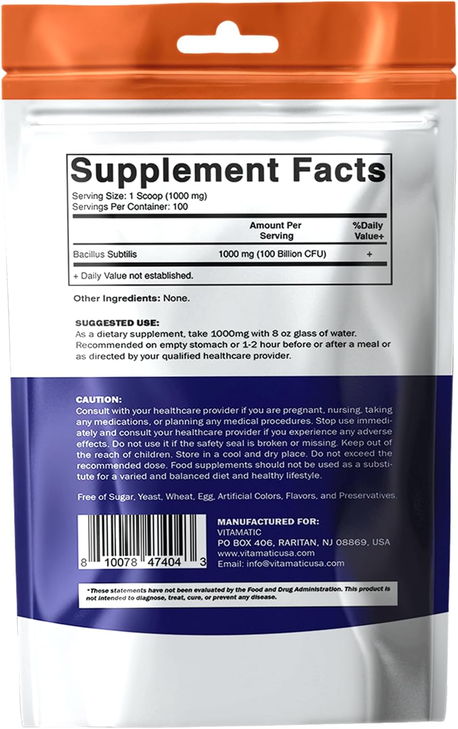 Vitamatic Bacillus Subtilis Probiótico en Polvo - 100g - 100 Porciones