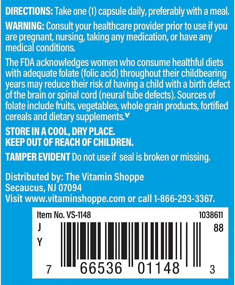 Ácido Fólico 800 mcg de The Vitamin Shoppe – 100 Cápsulas