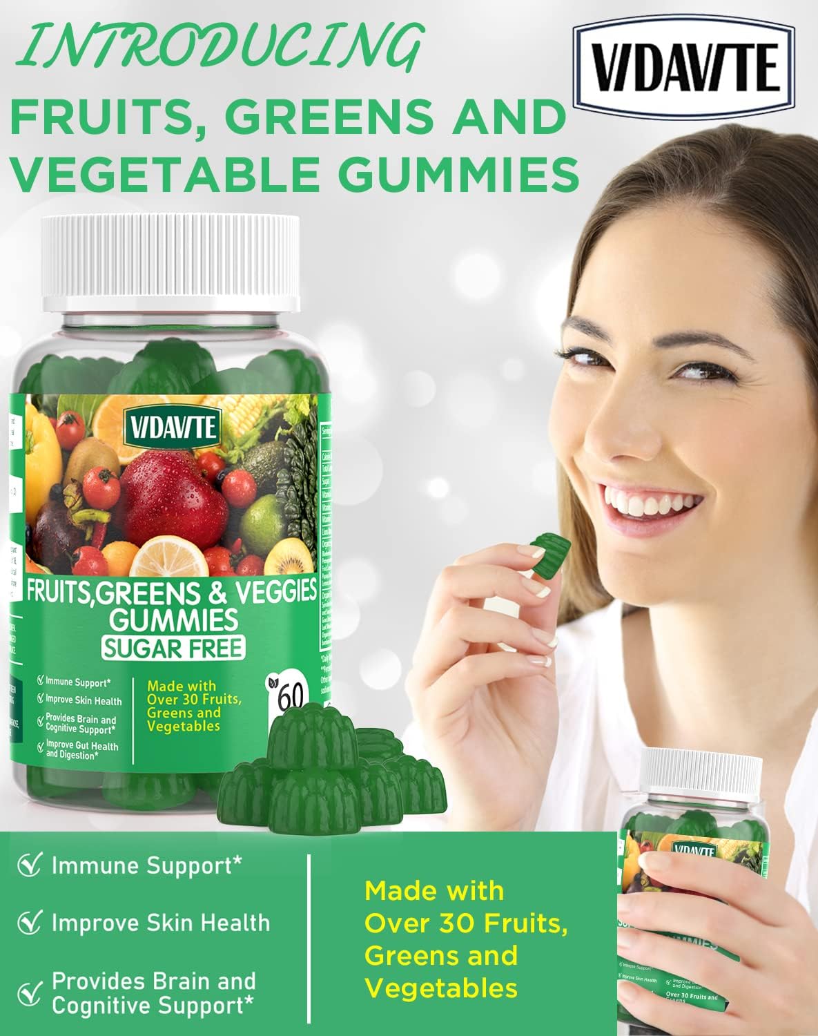 VIDAVITE Gominolas de Superalimentos sin Azúcar - 35+ Frutas y Verduras para Adultos y Adolescentes