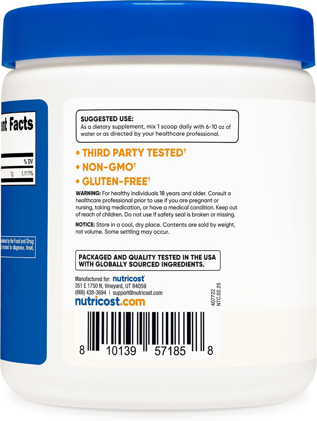 Nutricost Ácido Ascórbico Puro en Polvo (Vitamina C) - 454g