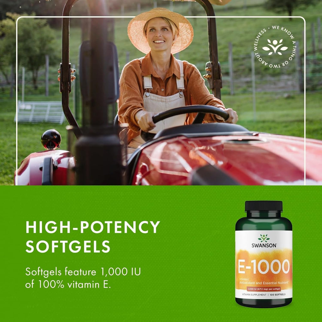 Swanson Vitamin E - Natural Vitamin Supplement Promoting Cardiovascular Health - Natural Formula Delivering Essential D-Alpha Tocopherols - (100 Softgels, 1000 IU Each)