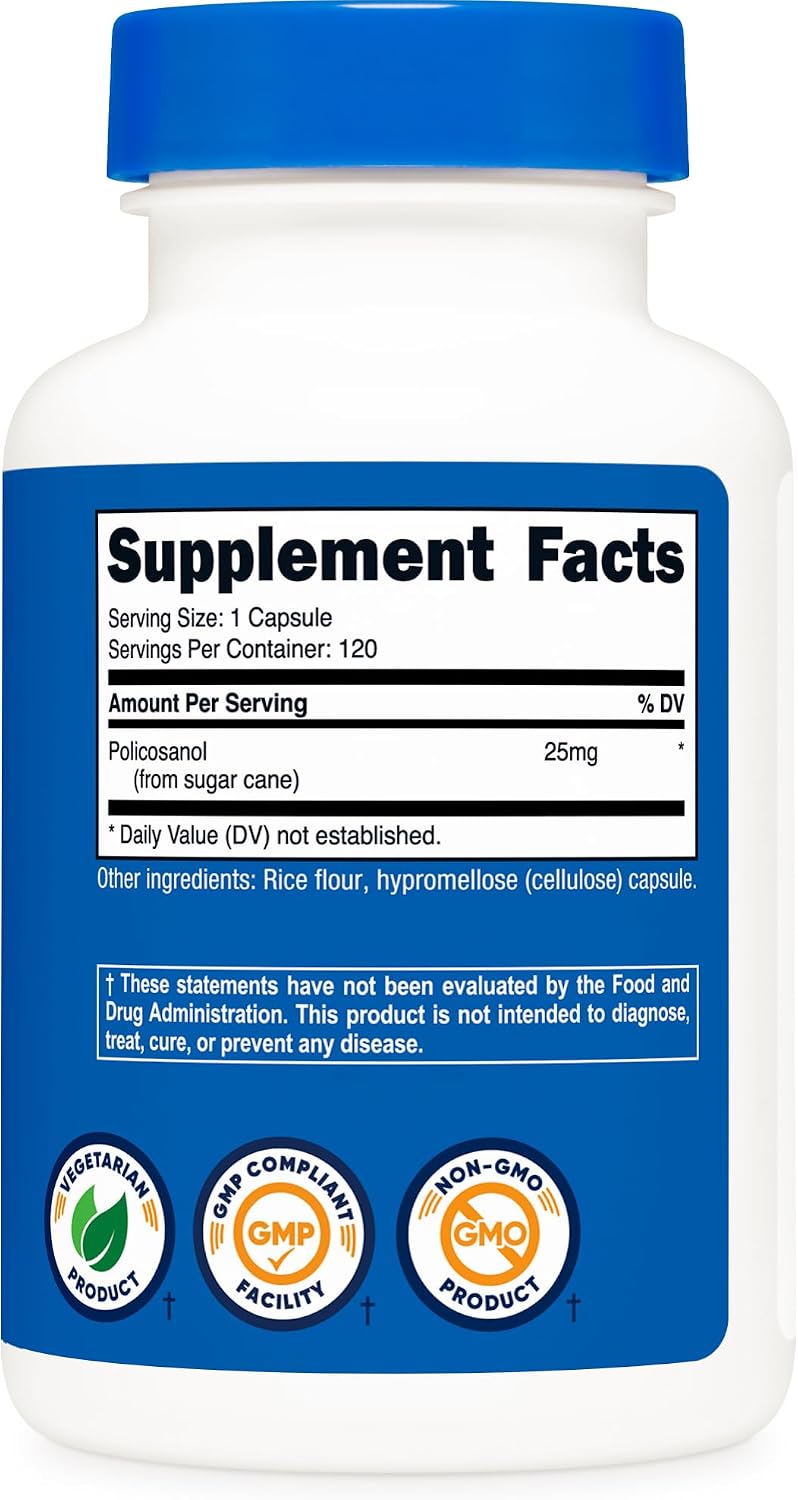 Nutricost Policosanol 25mg, 120 Cápsulas - Sin Gluten, No Transgénico, Apto para Vegetarianos