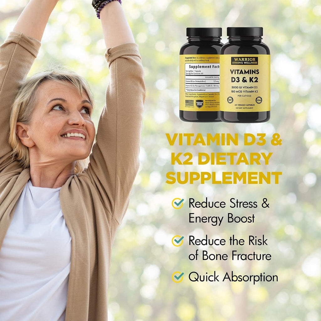 Warrior Strong Wellness Suplemento de Vitamina D3 y K2 - 5000 UI D3 + 180 mcg K2 MK-7 - Apoyo óseo - 2 meses, 60 cápsulas veganas