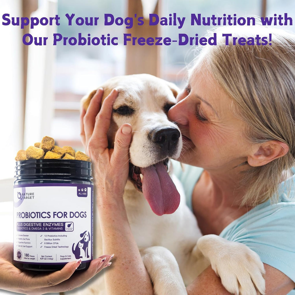 NATURE TARGET Probiotics for Dogs, 6 Billion CFUs, Freeze Dried Dog Probiotics with Prebiotics & Enzymes for Dogs, 180 Count