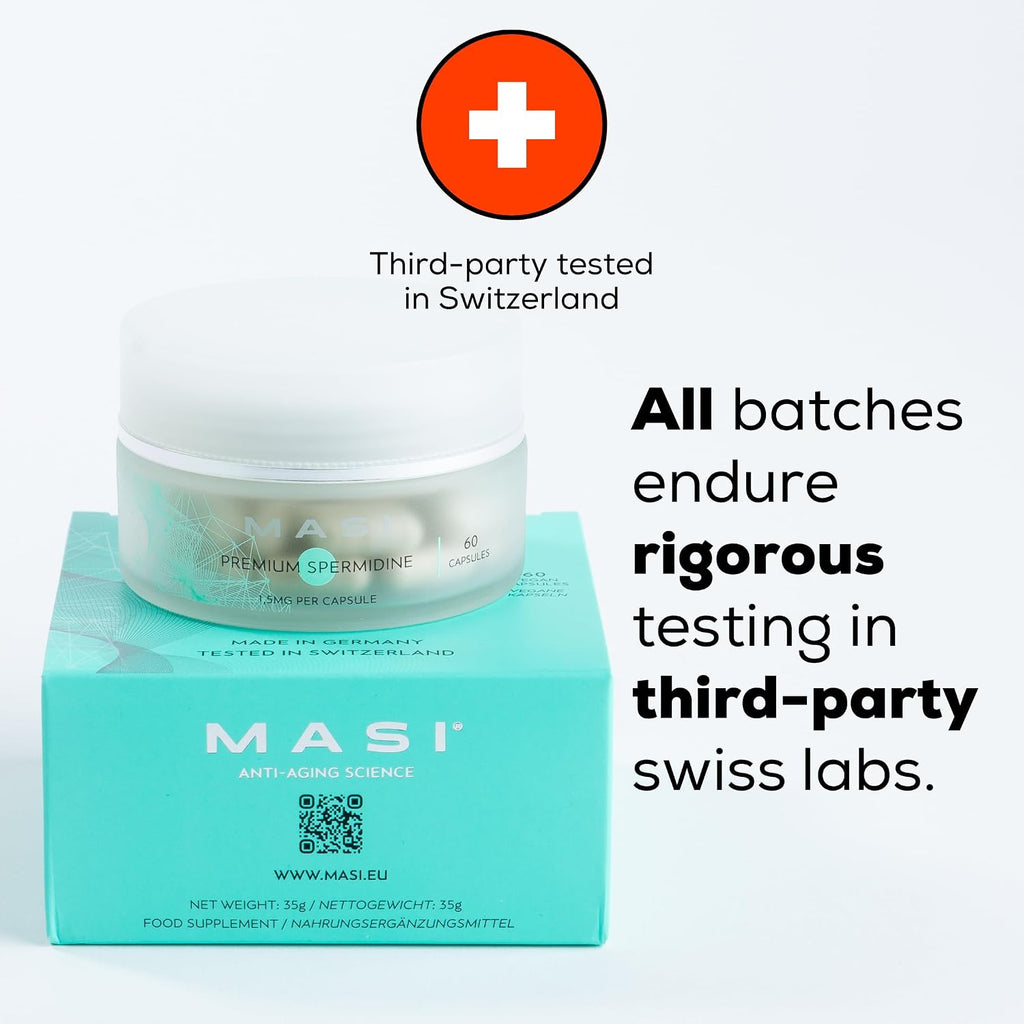 MASI Spermidine Supplement – 1.5mg, 60 Cápsulas, 1 Botella | Fabricado en Alemania, Testado en Suiza | Renovación Celular para Longevidad, Metabolismo, Inmunidad, Salud Cerebral y Cutánea | Vegano, No GMO