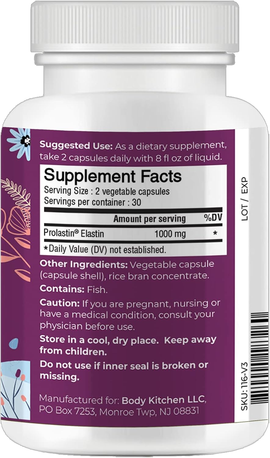 Body Kitchen Pro Elastin Peptides 1000mg – Péptidos de Elastina Marinos para la Firmeza y Elasticidad de la Piel, 180 Cápsulas