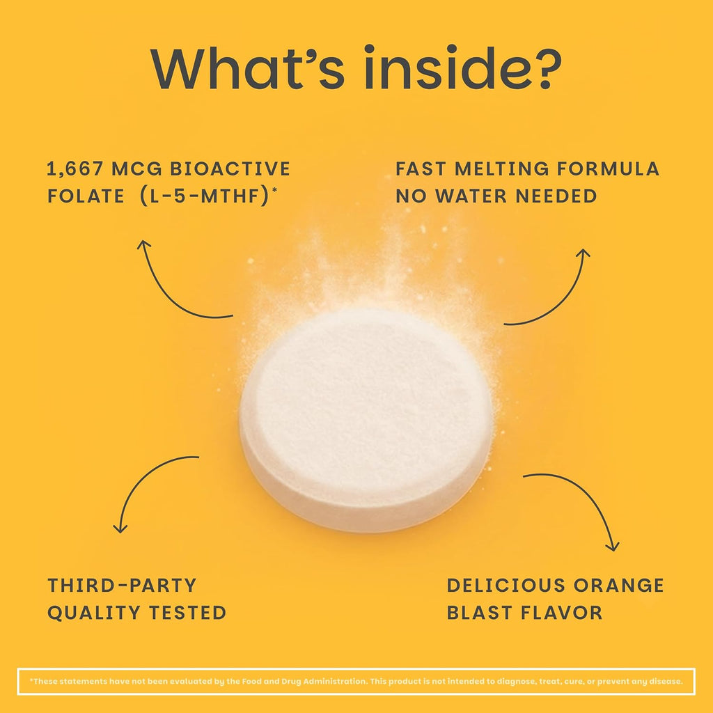 EZ Melts Folato Disolvable 1,667 mcg DFE - Complemento de Folato Metilado - Salud Cardíaca y Desarrollo Fetal Saludable - No GMO, Vegano y Sin Lácteos - Sabor Naranja - 60 Comprimidos Disolubles