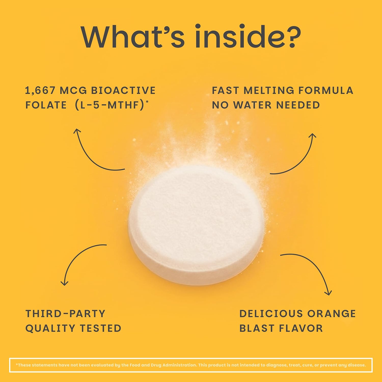 EZ Melts Folato Disolvable 1,667 mcg DFE - Complemento de Folato Metilado - Salud Cardíaca y Desarrollo Fetal Saludable - No GMO, Vegano y Sin Lácteos - Sabor Naranja - 60 Comprimidos Disolubles