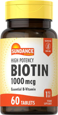 Sundance High Potency Biotin 1000 mcg - Essential B Vitamin Supplement - Vegetarian, Non-GMO & Gluten-Free Tablets