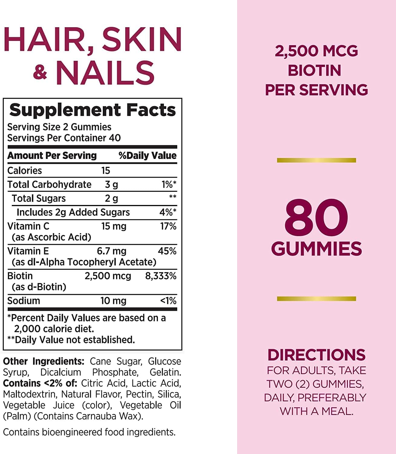 Nature's Bounty Optimal Solutions Hair, Skin & Nails con Biotina - Gominolas sabor fresa - 80 unidades (Paquete de 5)