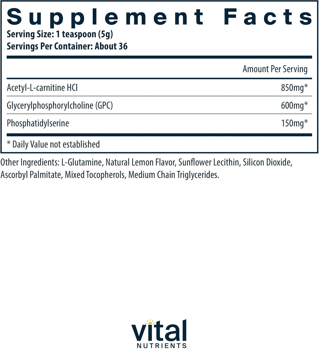 Vital Nutrients Vital Brain Powder - Suplemento para la función cognitiva y memoria - 150 g - Sabor limón