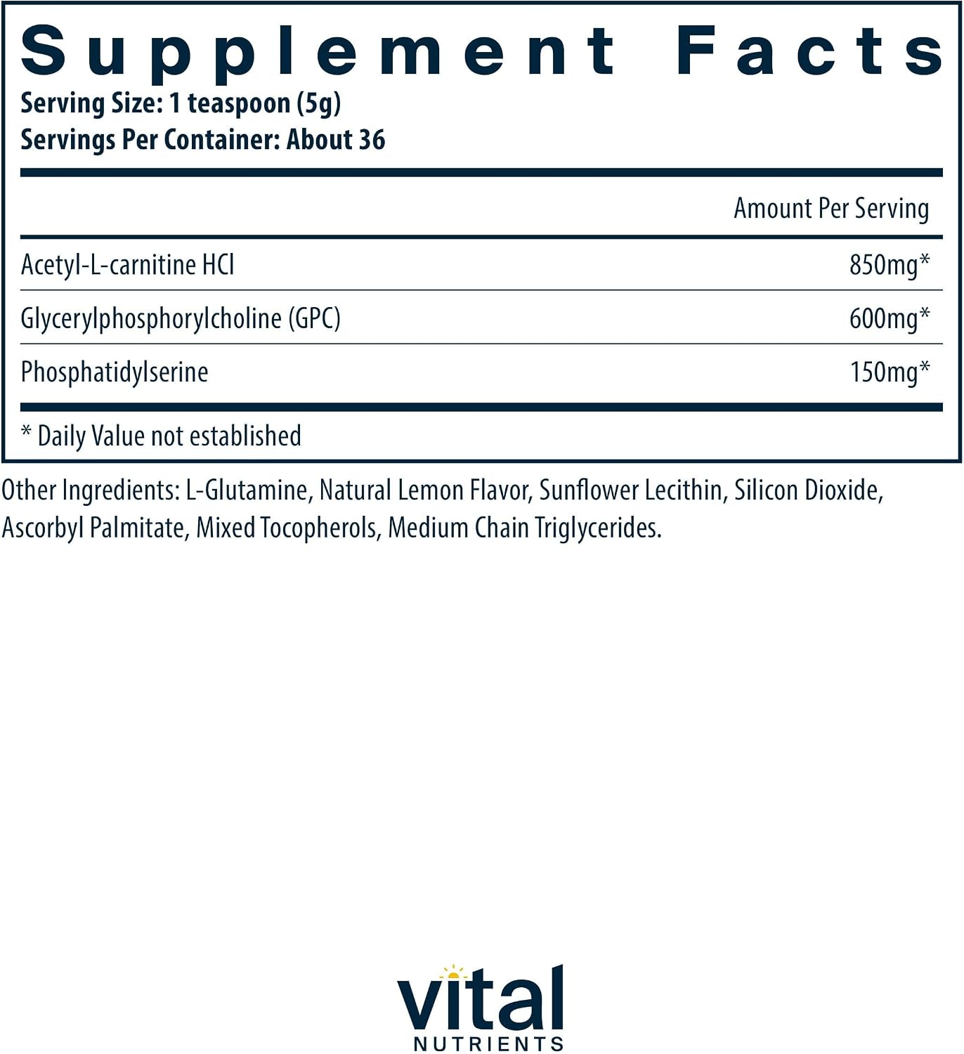 Vital Nutrients Vital Brain Powder - Suplemento para la función cognitiva y memoria - 150 g - Sabor limón
