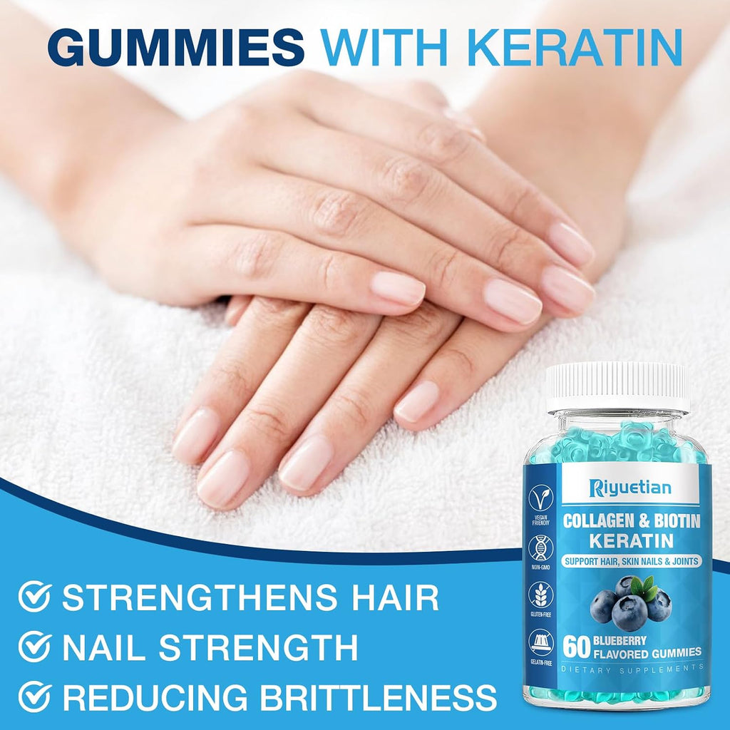 Riyuetian Biotin Gummies 15000mcg con Colágeno - Gomitas para Cabello, Piel y Uñas - Vegano, Sin OGM - 60 unidades