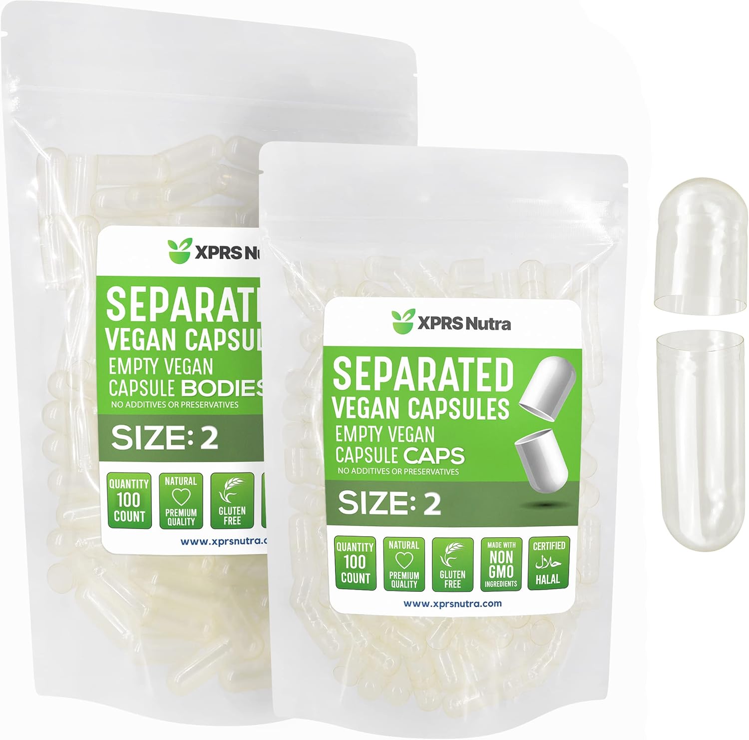 XPRS Nutra Cápsulas Veganas Tamaño 2 Separadas - 100 Unidades - Cápsulas Vacías para Rellenar Suplementos