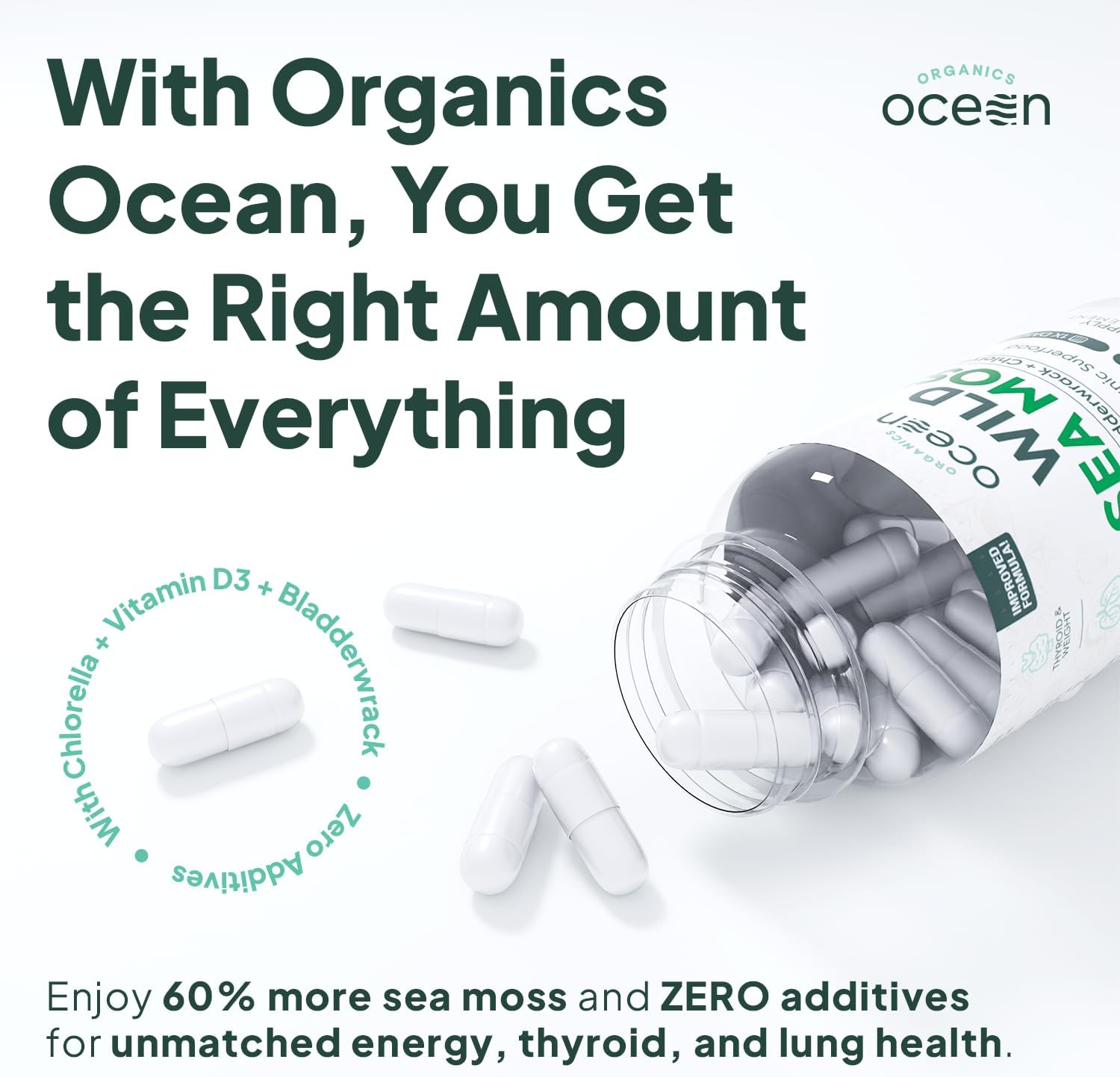 Organics Ocean Wild Sea Moss Cápsulas - Musgo Marino Orgánico con Chlorella, Bladderwrack y Vitamina D - 3 Botellas