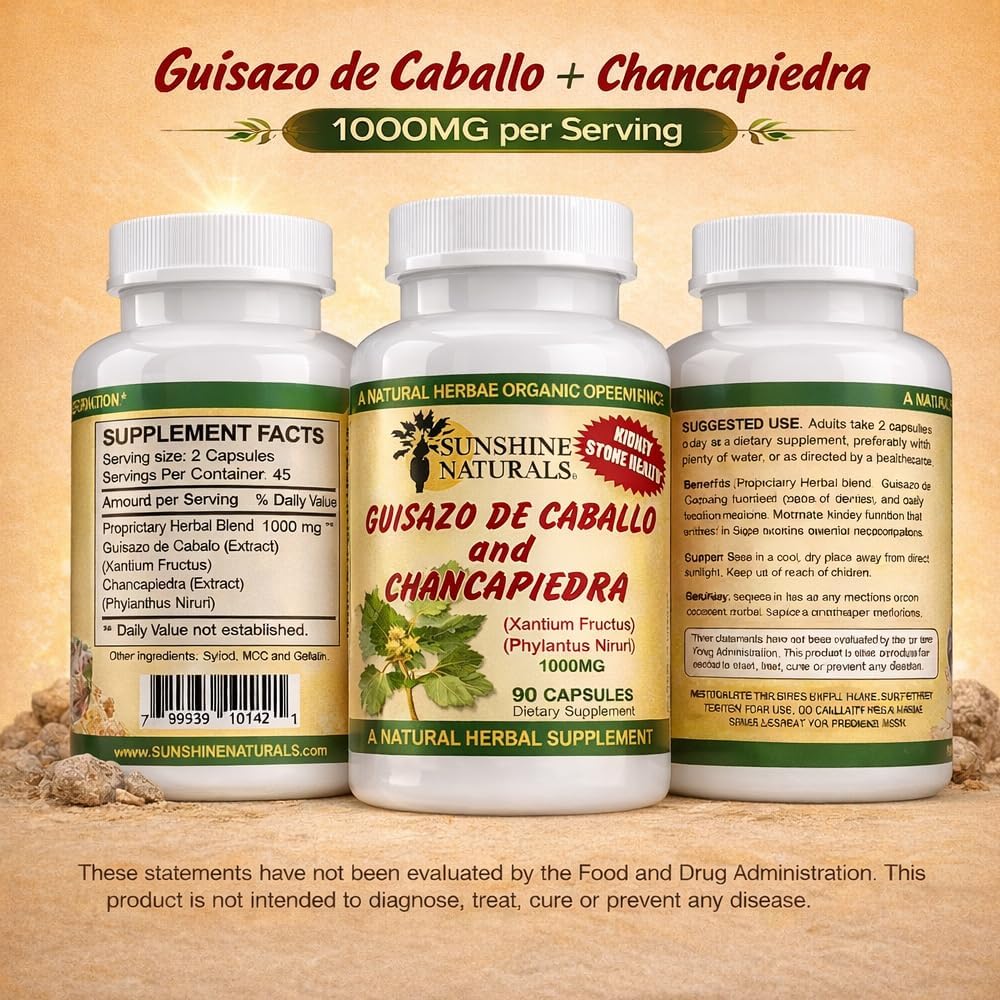 Sunshine Naturals Chanca Piedra con Guisazo de Caballo, Hierba Rompepiedras Tradicional, Suplemento para el Apoyo Renal y del Tracto Urinario, 1000 mg Mezcla Propietaria, 90 Cápsulas. Paquete de 5