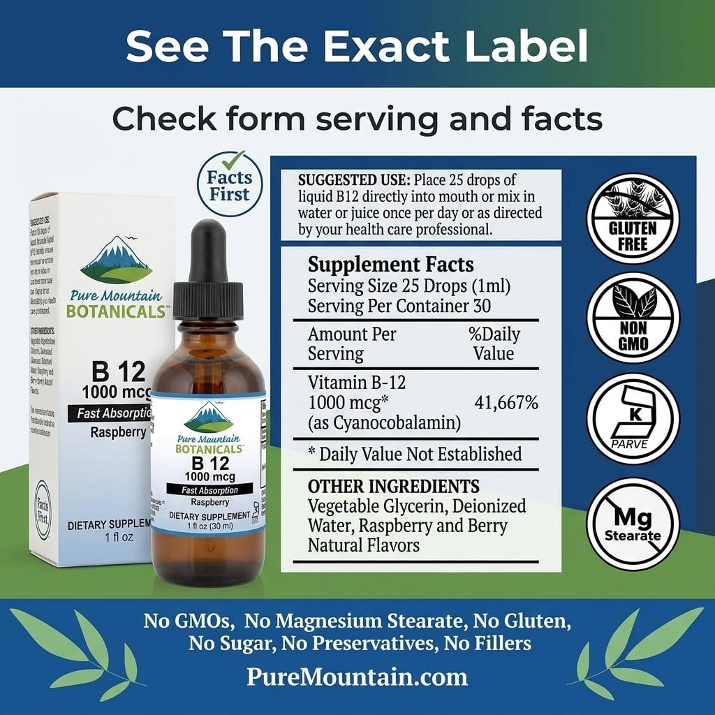 Pure Mountain Botanicals Vitamina B12 1000 mcg Gotas Líquidas Sabor Bayas
