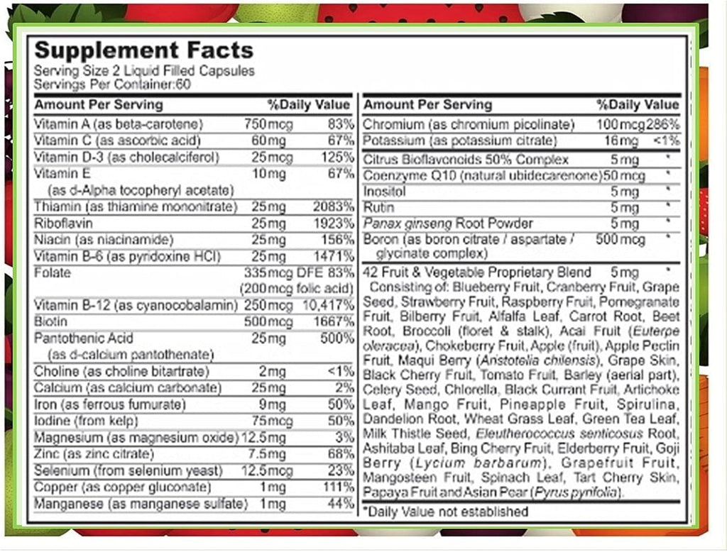 SJJ DEPOT Multivitamínico de Frutas y Verduras, 120 Cápsulas Líquidas