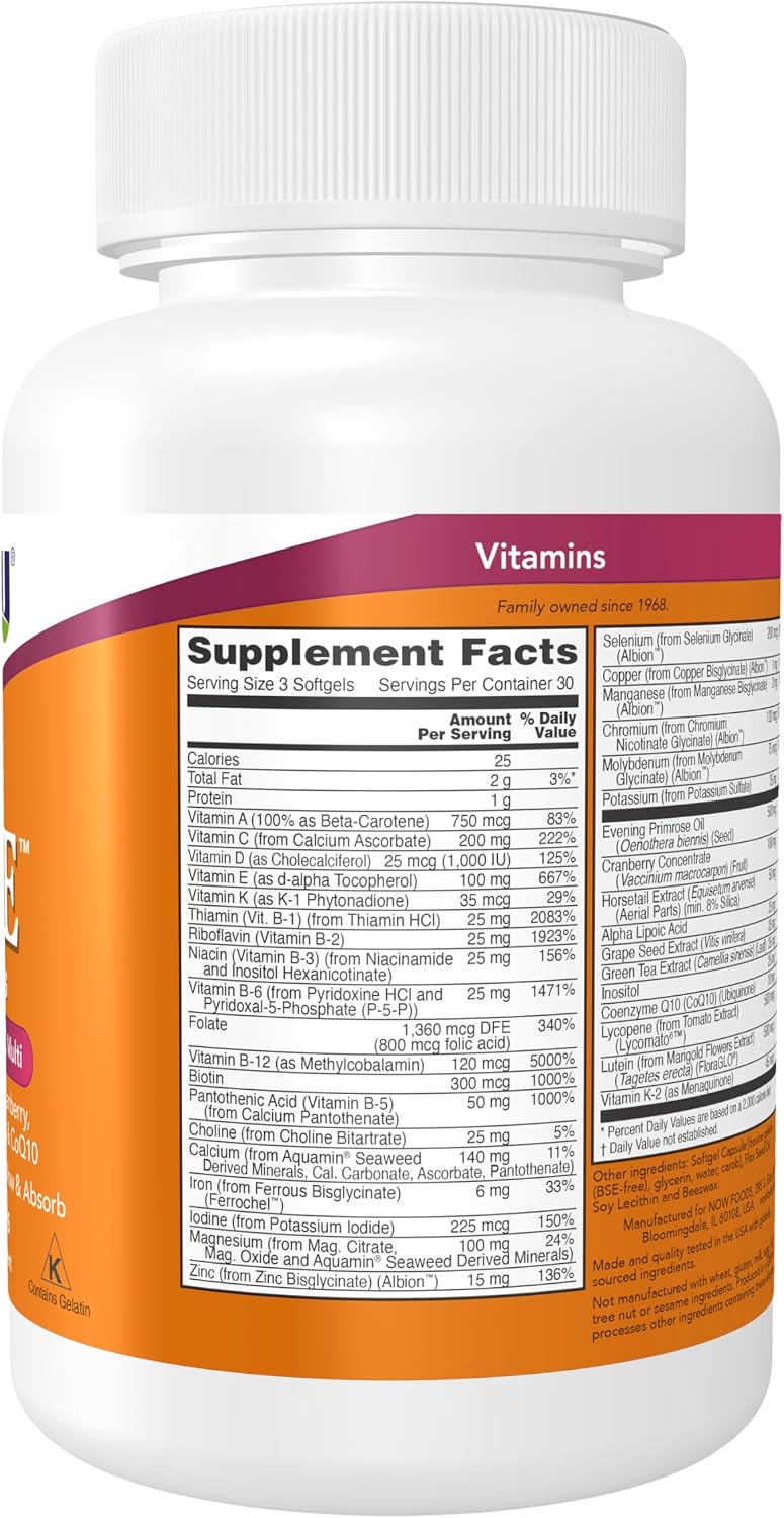 NOW Foods Eve™ Multivitamínico para Mujeres con Onagra, Arándano Rojo, Té Verde, Cola de Caballo y CoQ10, 90 Cápsulas Blandas