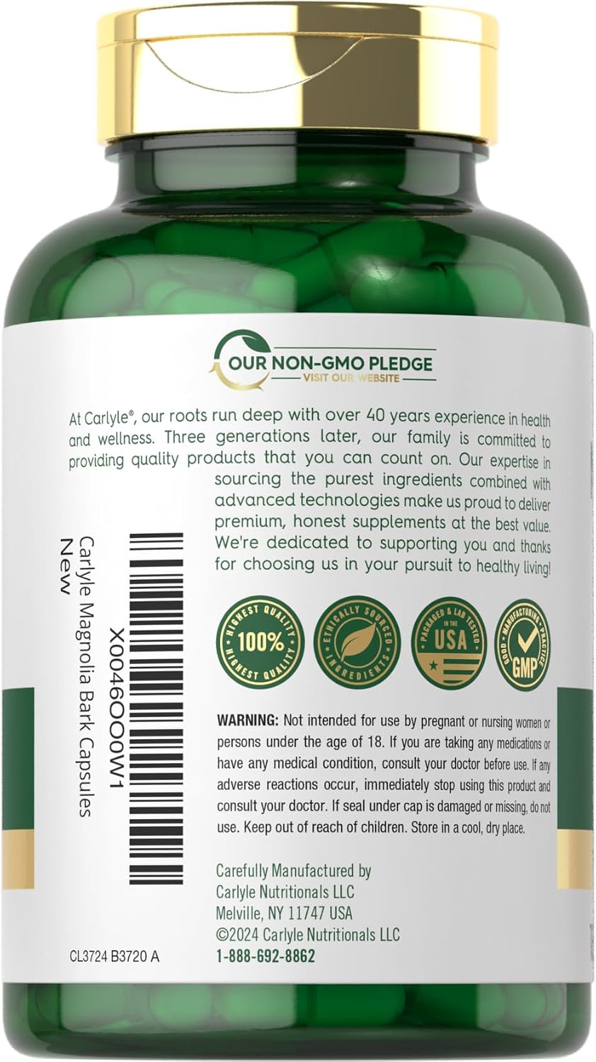 Carlyle Corteza de Magnolia | 180 Cápsulas en Polvo | Suplemento de Extracto Herbal | No-GMO, Sin Gluten