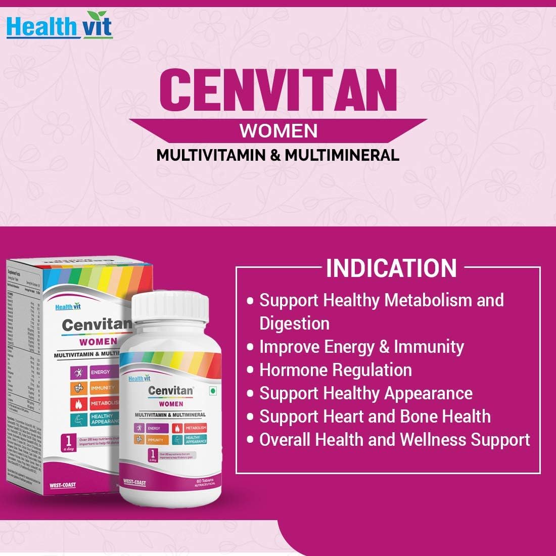 Dharma Healthvit Cenvitan Multivitamínico y Multimineral para Mujeres con 26 Nutrientes – 60 Comprimidos