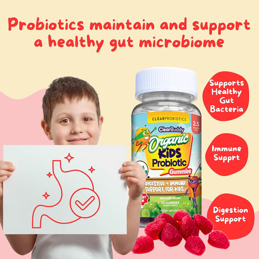 Clear Buddy Probióticos para Niños de 2 a 6 Años – Gominolas Orgánicas USDA con DE111 (2.5B UFC) – Apoyo Inmunitario y Digestivo – Sabor Fresa – 30 Días