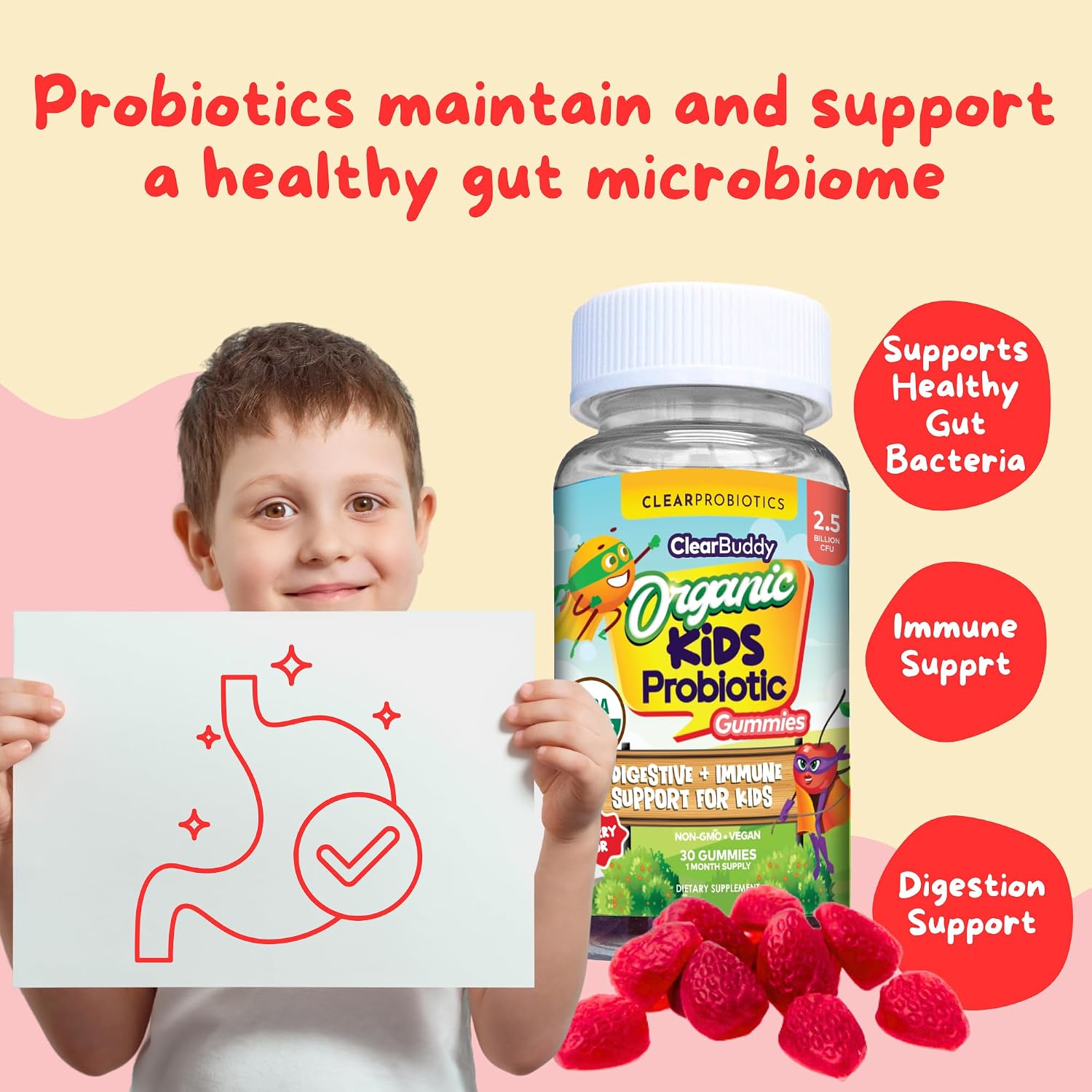 Clear Buddy Probióticos para Niños de 2 a 6 Años – Gominolas Orgánicas USDA con DE111 (2.5B UFC) – Apoyo Inmunitario y Digestivo – Sabor Fresa – 30 Días