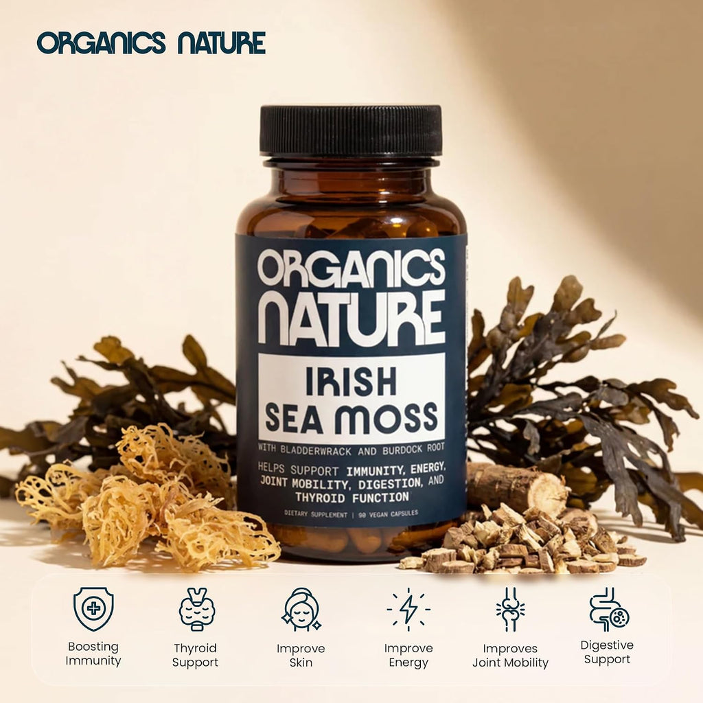 ORGANICS NATURE Irish Sea Moss Cápsulas 90 uds | Suplemento de Algas Marinas con Burdock y Bladderwrack