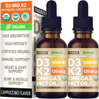 Organic Vitamin D3 K2 Drops with MCT Oil & Omega 3 - 2 Pack (Cappuccino)