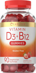 Carlyle Vitamina D3 + B12 Complex Gominolas | 90 uds | Vegetariano, No GMO, Sin Gluten | Sabor Fresa