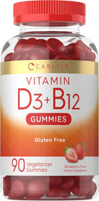 Carlyle Vitamina D3 + B12 Complex Gominolas | 90 uds | Vegetariano, No GMO, Sin Gluten | Sabor Fresa