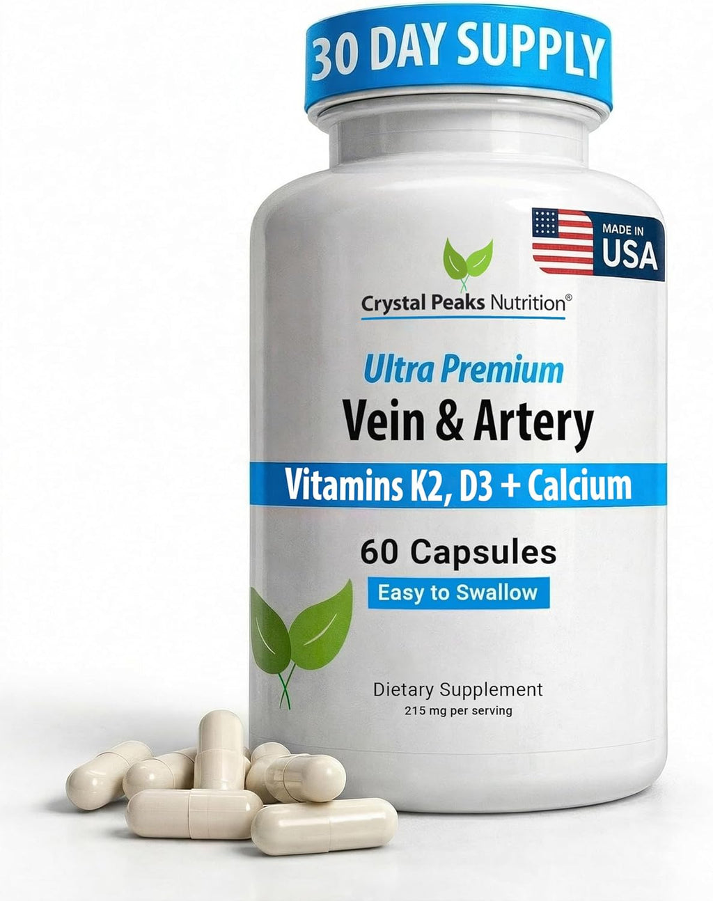 CRYSTAL PEAKS NUTRITION Suplemento para Venas y Arterias - Apoyo a la Circulación Sanguínea con Calcio, Vitaminas K2 y D3 - 60 Comprimidos