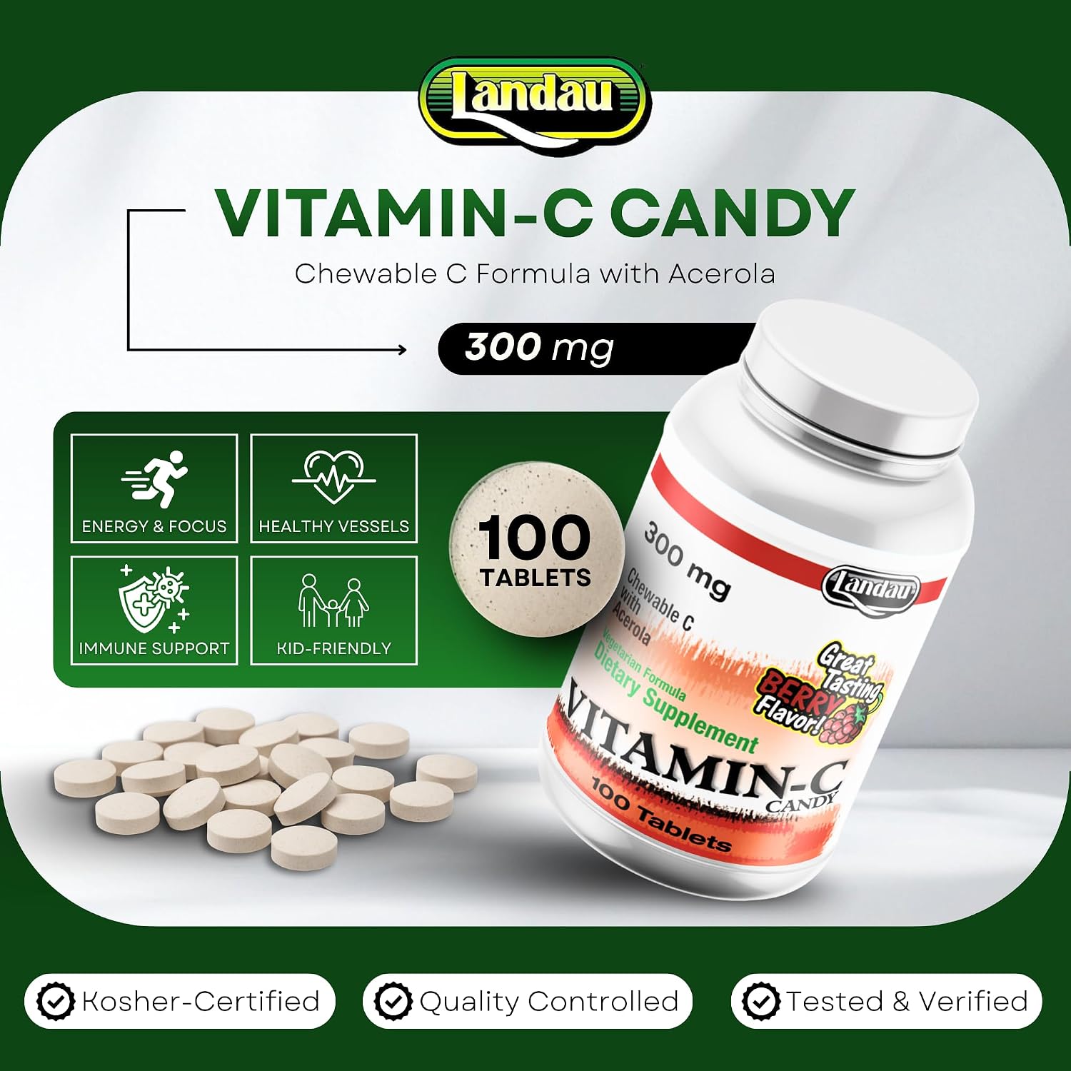 LANDAU Vitamina C Masticable 300 mg con Acerola - Sabor a Bayas - 100 Comprimidos