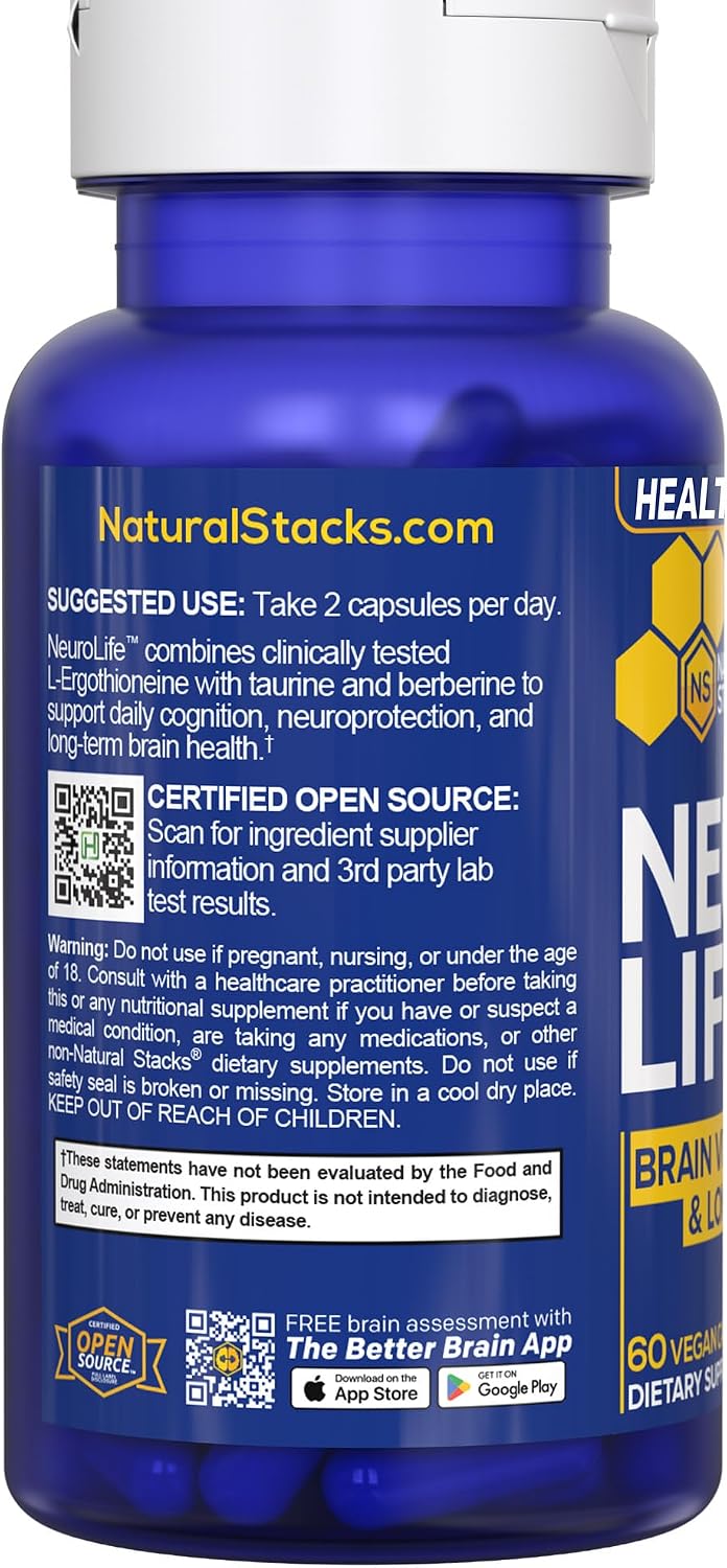 NeuroLife Longevity Supplement - 500mg Taurina & 400mg Berberina - L-Ergotioneína MitoPrime - Apoyo Cerebral para Vitalidad Cognitiva - 60 Cápsulas