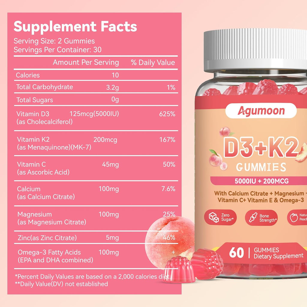 Agumoon Vitamina D3 K2 Gomitas para Adultos - 5000IU D3 + 200mcg K2 (MK-7) con Calcio, Magnesio, Omega-3 - 120 Gomitas