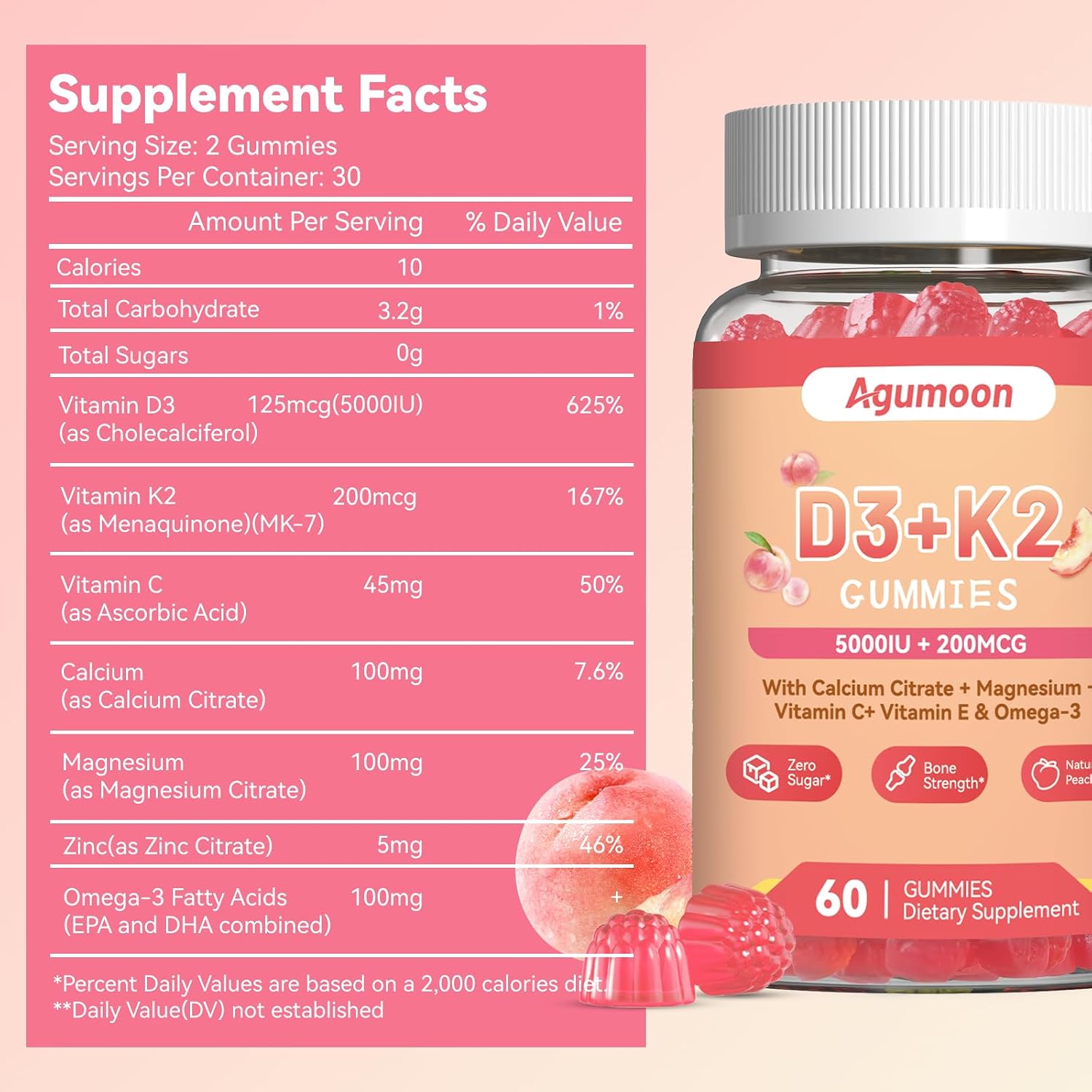 Agumoon Vitamina D3 K2 Gomitas para Adultos - 5000IU D3 + 200mcg K2 (MK-7) con Calcio, Magnesio, Omega-3 - 120 Gomitas