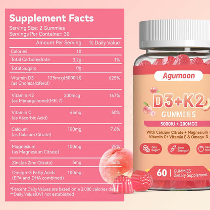 Agumoon Vitamina D3 K2 Gomitas para Adultos - 5000IU D3 + 200mcg K2 (MK-7) con Calcio, Magnesio, Omega-3 - 120 Gomitas – Image 2