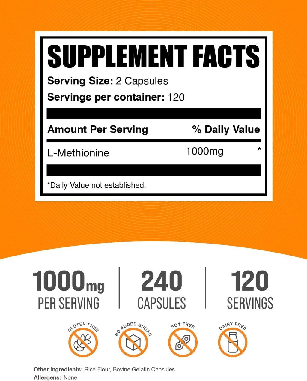 L-Metionina 1000 mg por ración - 240 Cápsulas - BulkSupplements