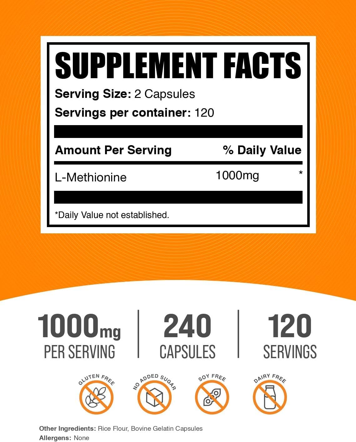 L-Metionina 1000 mg por ración - 240 Cápsulas - BulkSupplements
