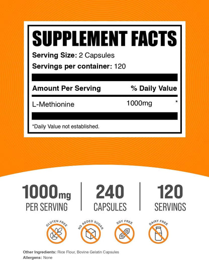 L-Metionina 1000 mg por ración - 240 Cápsulas - BulkSupplements – Image 2
