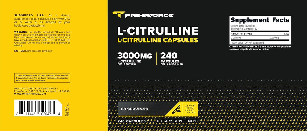 Primaforce L-Citrulline 3000mg, 240 Cápsulas, 60 Porciones