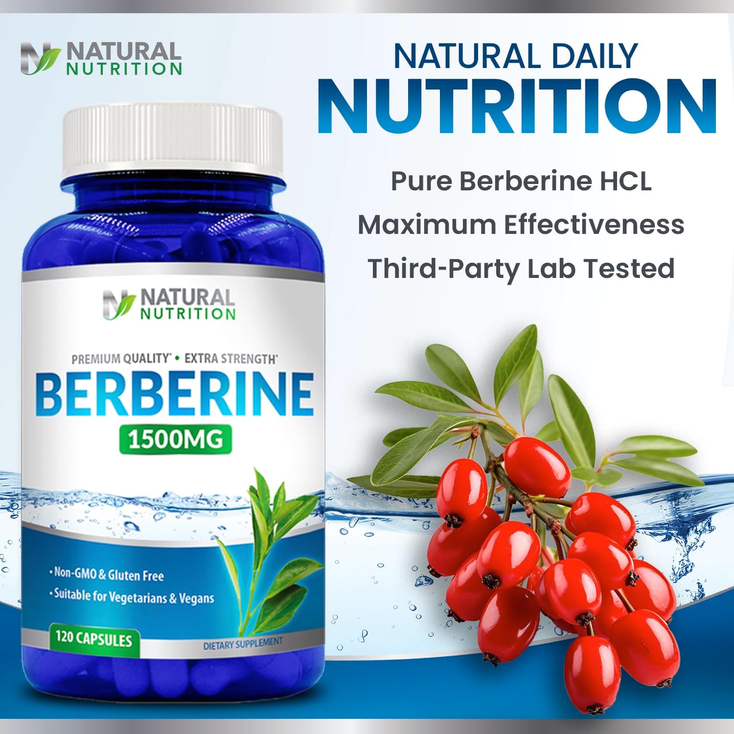 Natural Vitamin Extra Strength Berberine HCL 1500mg 120 Cápsulas Sin Gluten Non-GMO