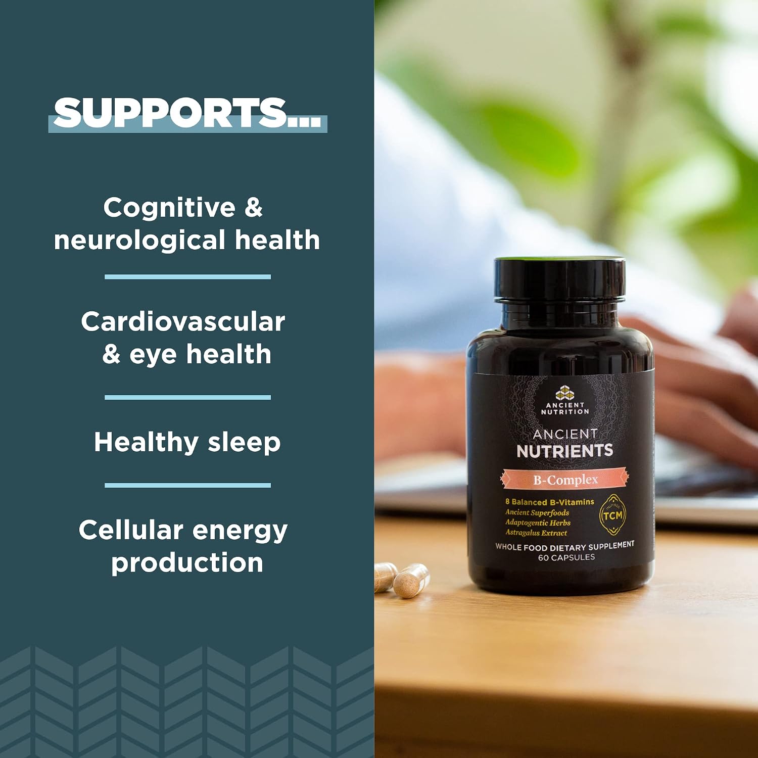 Ancient Nutrition Complejo de Vitamina B, 8 Vitaminas B Equilibradas, Apoya Niveles de Energía Saludables, Hierbas Adaptógenas, Activado por Enzimas, Paleo y Keto Friendly, 60 Cápsulas